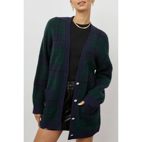 New Rails Runi Tartan Jeweled Button Cardigan Navy Green XS $268 - Picture 1 of 9